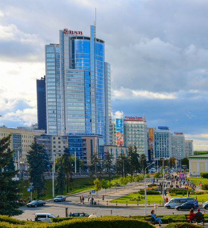MINSK, BELARUS - JULY 17, 2019: Skyline of Minsk city center, road and modern architecture. Minsk - capital of Belarusのeditorial素材