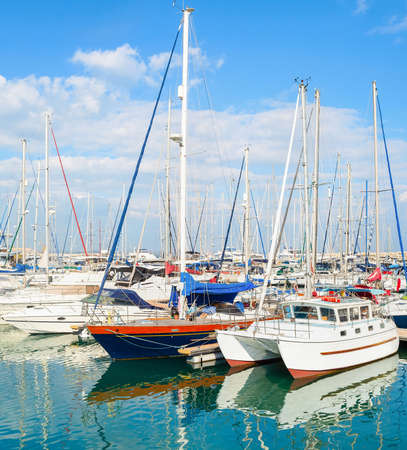 White yachts and motorboats moored in Larnaca marina on sunny day, Cyprusの写真素材