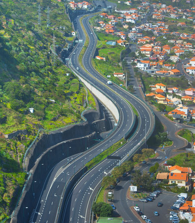 Aerial view of highway. Mochico, Madeira island, Portugalの写真素材