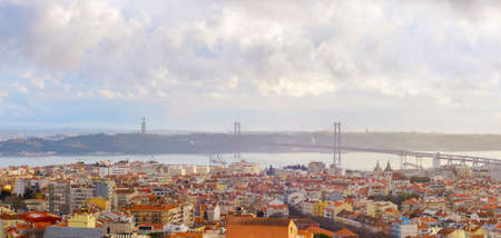 Panorama of Lisbon and 25 April bridge at sunset. Portugalの写真素材