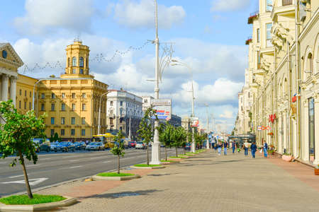 MINSK, BELARUS - JULY 17, 2019:People walking by central street - Independence avenue. Independence Avenue is the main street of Minsk, the capital of Belarusのeditorial素材
