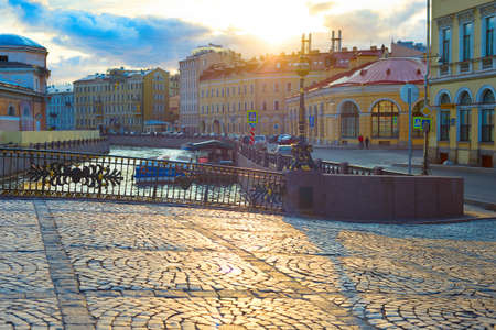View of Saint-Petersburg pavement street in Old Town at sunset. RUssiaの写真素材