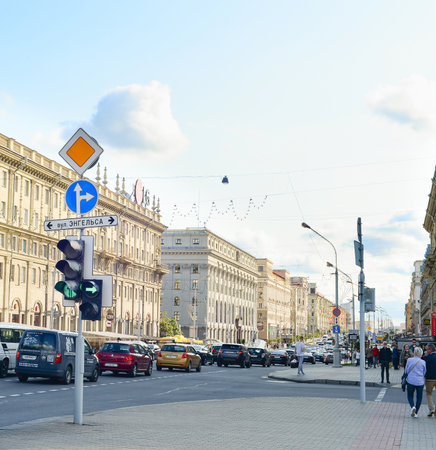 MINSK, BELARUS - JULY 17, 2019:People walking by central street - Independence avenue. Independence Avenue is the main street of Minsk, the capital of Belarusのeditorial素材