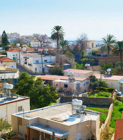 Aerial skyline of Paphos town, houses of typical architecture, Cyprusの写真素材