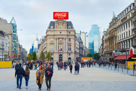 BRUSSELS, BELGIUM - OCTOBER 05, 2019: People walking by central street of Brussels, Belgium.のeditorial素材