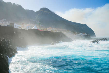 Bathes in natural lava ocean pools. Porto-Maniz, Madeira.の写真素材
