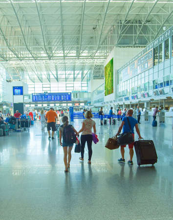 FRANKFURT, GERMANY - AUGUST 29, 2018: People at Frankfurt am Main airport hall. Frankfurt Airport is the busiest airport by passenger traffic in Germany as well as the 4th busiest in Europeのeditorial素材