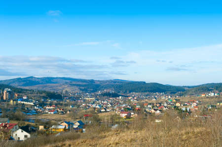 Winter landscape with Carpathians mountains village. Skhidnytsya, Ukraineの写真素材