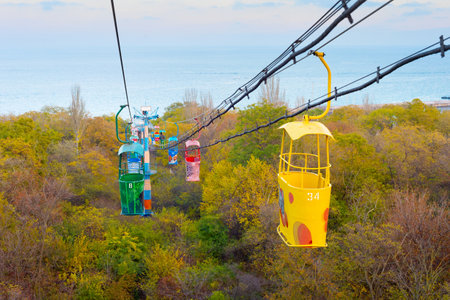 ODESSA, UKRAINE - NOVEMBER 26, 2020: View of a famous cable car in Odessa with the sea in the background.のeditorial素材