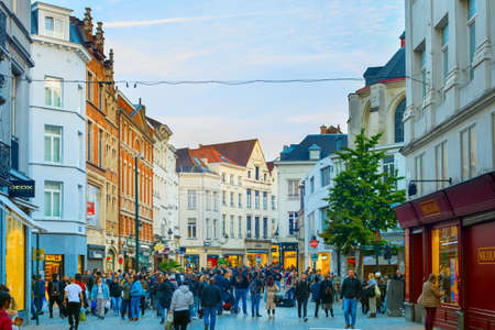 BRUSSELS, BELGIUM - OCTOBER 05, 2019: Crowd of people walking by Old Town shopping street of Brusselsのeditorial素材