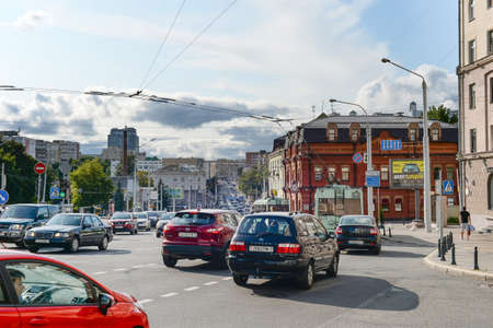 MINSK, BELARUS - JULY 11, 2019: Heavy traffic on the road in a city center of Minsk, Belarusのeditorial素材