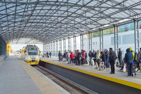 KYIV, UKRAINE - OCTOBER 07, 2019: Passengers boarding Boryspil Express train - shuttle airport train from Kyiv Central train station to the Boryspil airport terminalのeditorial素材
