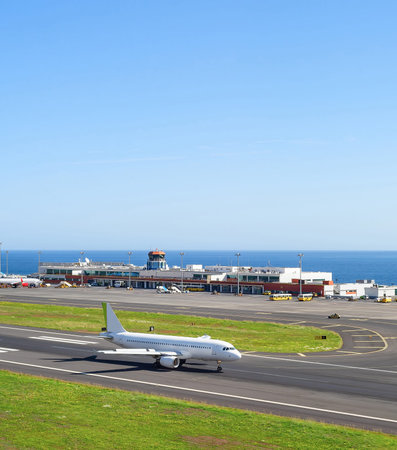 Airplane at runway, airport terminal in background, seascape, Madeira, Portugalのeditorial素材