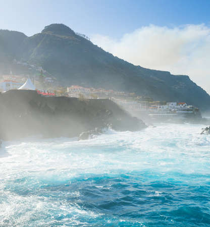 Bathes in natural lava ocean pools. Porto-Maniz, Madeira.の写真素材