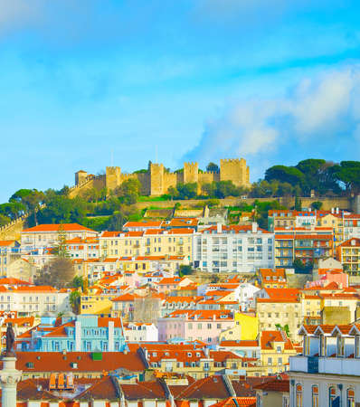 Skyline of Lisbon Old Town with Lisbon Castle on a top of a hill. Portugalのeditorial素材
