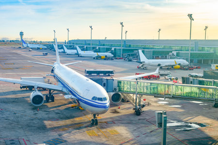 Glass jet bridge passage, airplanes by terminal in sunset light, buses, airfield, of Barcelona International Airport, Spainのeditorial素材