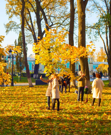 KYIV, UKRAINE - NOV 07, 2020: People at the autumn park with a ground covered by fallen leaves. Kiev, Ukraineのeditorial素材