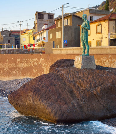 View of Paul do Mar village at sunset. Madeira island, Portugalの写真素材