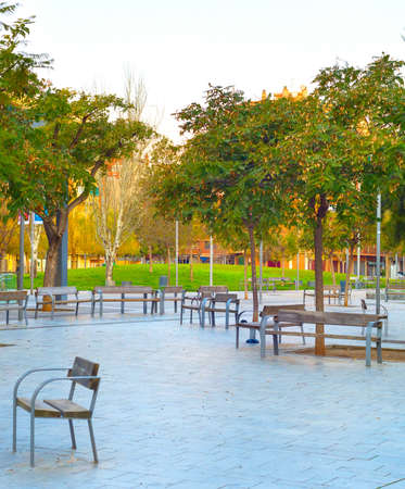 Empty city park, trees and benches, no people. Barcelona, Spainの写真素材