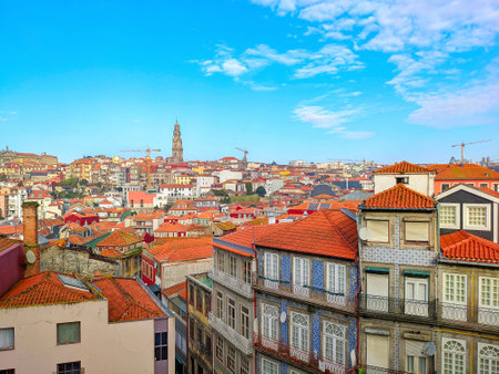 Porto cityscape with ClÃ©rigos Tower in background, red rooftops of old town, Portugalの写真素材