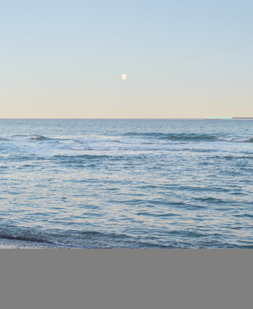 Landscape with the moon, the sea and the seagulls at twilight. Odessa, Ukraineの写真素材