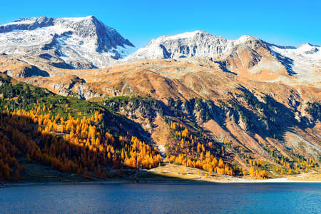 Alps landscape, mountains in evening sunshine and lake, Austriaの写真素材
