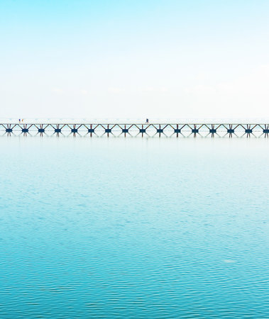 Vasco da Gama pedestrian bridge over Tagus river, Lisbon Portugalの写真素材