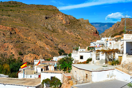 Andalucia village traditional architeture, white houses on mountain slope, Darrical, Spainの写真素材