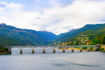 Water Park Geres view, bridge over mountain lake, Alqueirao, Portugalの写真素材