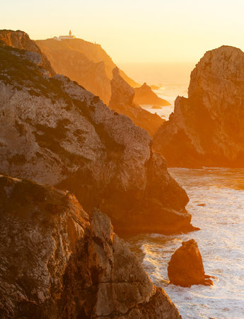 Cabo da Roca view at sunset, scenic seascape of Atlantic ocean and rocks, POrtugalの写真素材