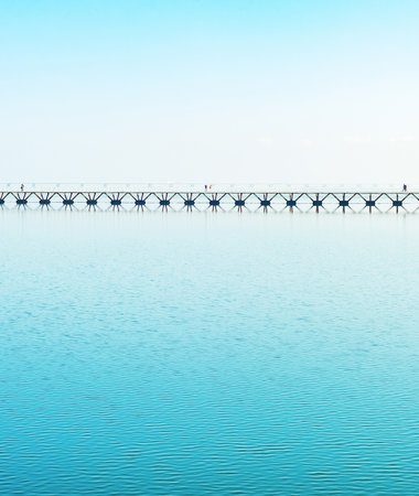Vasco da Gama pedestrian bridge over Tagus river, Lisbon Portugalの写真素材