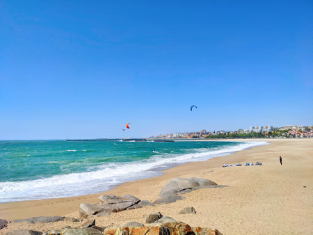 City beach, kite surfing, sunshine ocean sand coast, Leca da Palmeira, Porto, Portugalの写真素材