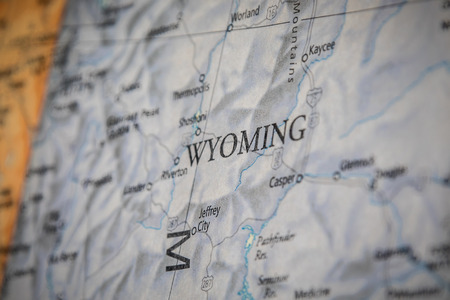 Closeup Selective Focus Of Wyoming State On A Geographical And Political State Map Of The USA.のeditorial素材