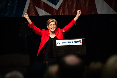 Reno, NV - June 23, 2018 - Elizabeth Warren With Hands Up In Celebration At Nevada State Democratic Conventionのeditorial素材