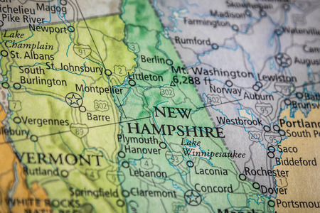 Closeup Selective Focus Of New Hampshire State On A Geographical And Political State Map Of The USA.のeditorial素材