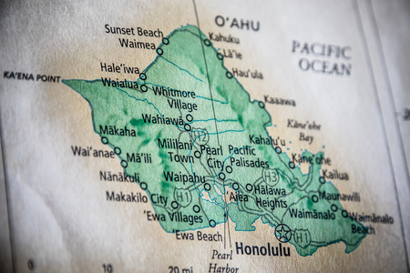 Closeup Selective Focus Of Hawaii State On A Geographical And Political State Map Of The USA.のeditorial素材
