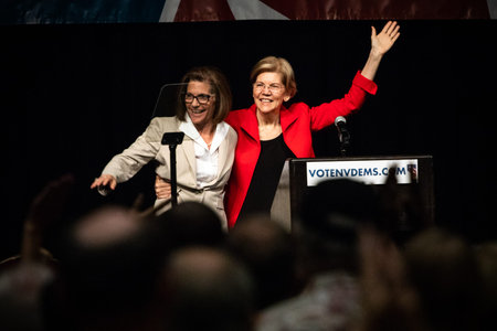 Reno, NV - June 23, 2018 - Elizabeth Warren and Catherine Cortez Masto Pointing At Crowd At Nevada...