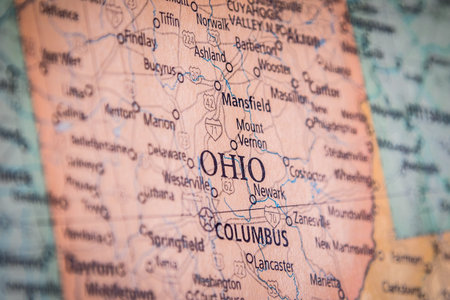 Closeup Selective Focus Of Ohio State On A Geographical And Political State Map Of The USA.