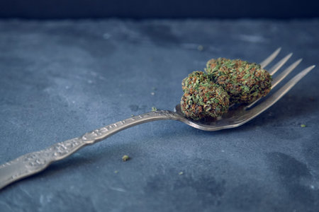 Cannabis Buds On A Vintage Silver Fork On Dark Slate Background. Selective Focus With Copy Space.