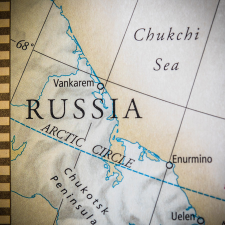 Closeup Selective Focus Of Eastern Russia On A Geographical And Political State Map Of The USA.のeditorial素材