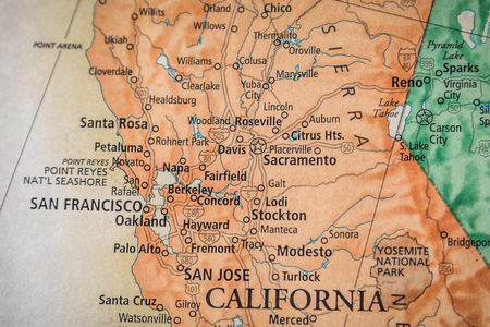 Closeup Selective Focus Of North California San Francisco On A Geographical And Political State Map Of The USA.のeditorial素材