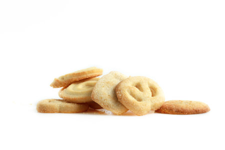 Danish butter cookies on white background.