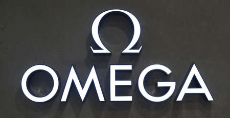 PENANG, MALAYSIA - NOVEMBER 24, 2017: Detail of the Omega store logo in Shopping Mal. OMEGA is a Swiss luxury watchmaker based in Bienne Switzerlandのeditorial素材