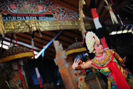 BALI, INDONESIA - SEPTEMBER 16: Balinese dancer performing classical Legong dance wearing traditional costumes in Ubud, Bali, Indonesia.のeditorial素材