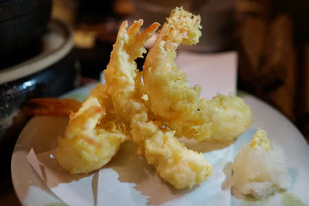 Japanese Style Snack, Crispy Deep Fired Shrimp Tempura with Tempura Soy sauceの写真素材