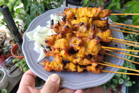 Chicken Satay With Onion Slice Close Up. Traditional Malaysian Food.の写真素材