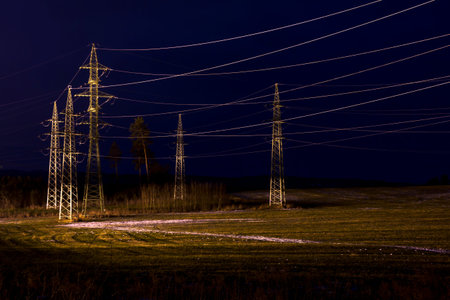 modern transformer station at nightの写真素材