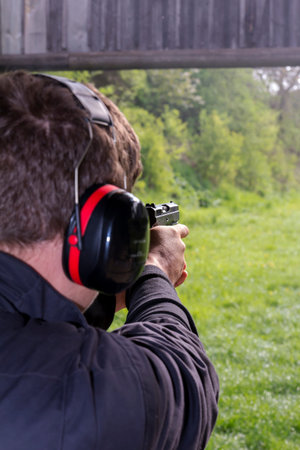 Training of police shooting at a shooting rangeの写真素材