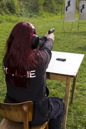 Training of police shooting at a shooting rangeの写真素材