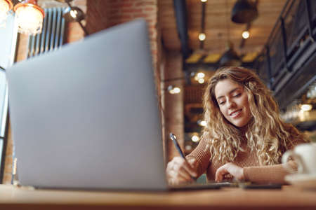 Charming woman taking notes while working on laptopの写真素材